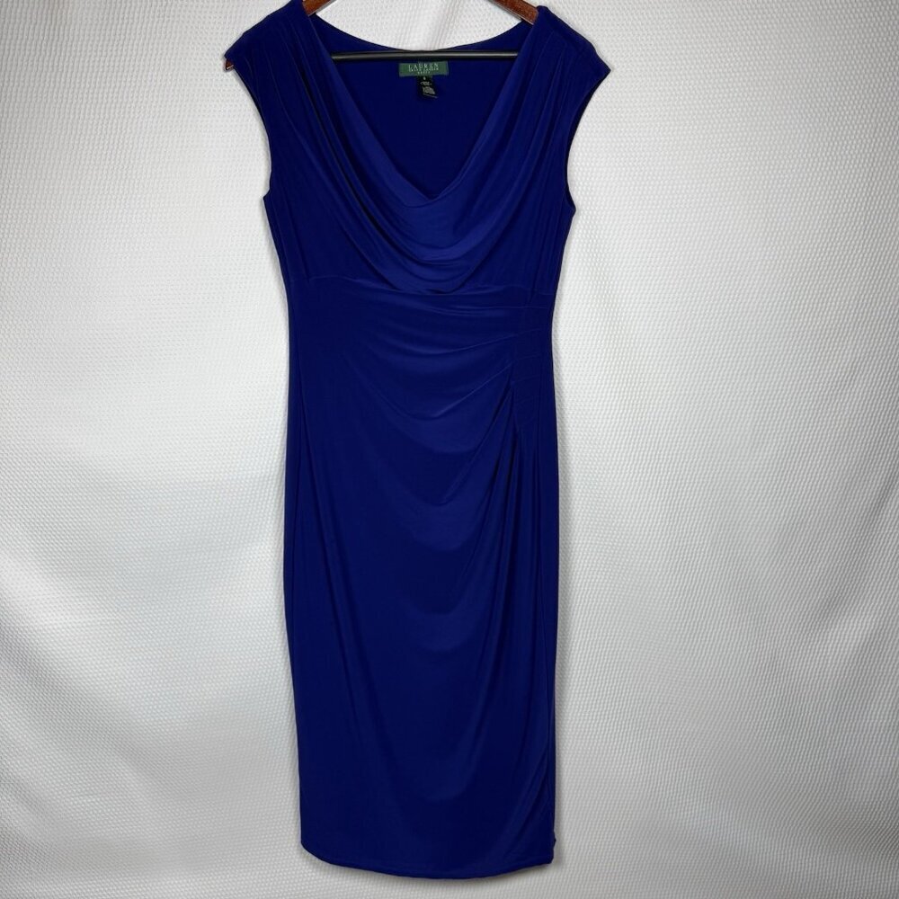 Lauren Ralph Lauren Cowl Neck Sheath Dress Blue Purple Size 6 Office Cocktail
